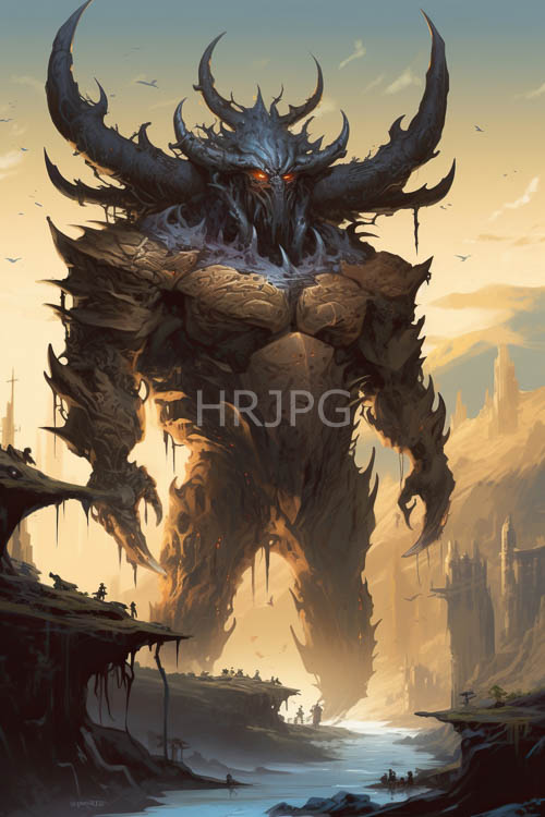 obsidian horns pierce fiery dusk sky amid shattered stone ruins