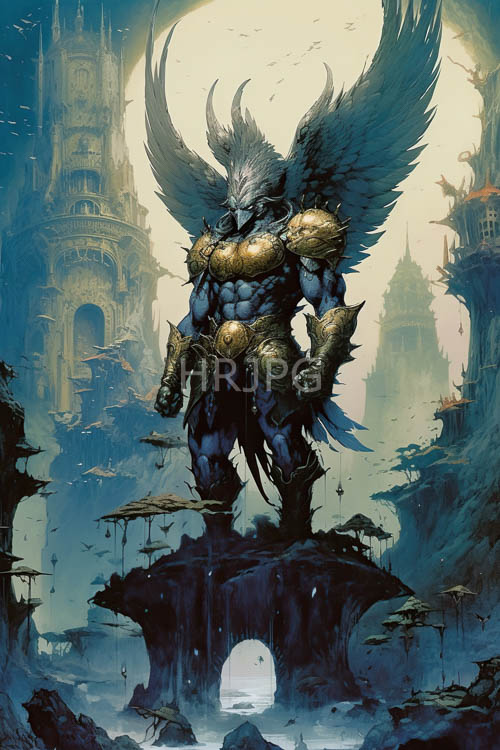 High Resolution: Metallic Armor Adorns Celestial Warrior Amidst Gothic Ruins Under Lunar Glow download. | HRJPG.com