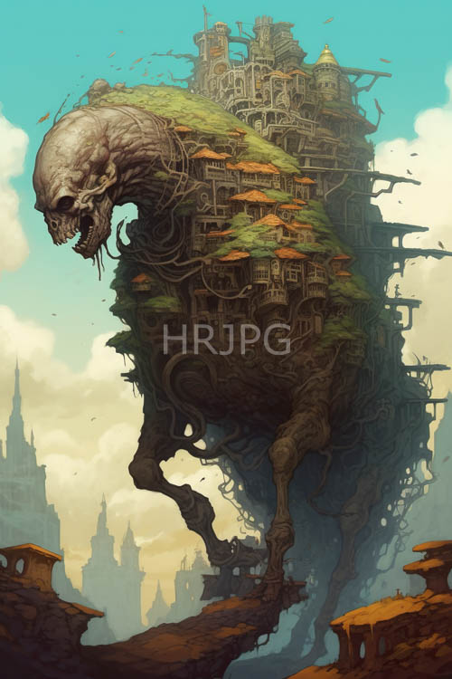 grotesque behemoth amidst ruins of fractured pillars and shattered battlements