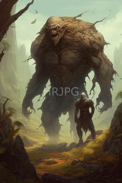 fogenveloped jagged stone formations confront a resolute armored figure
