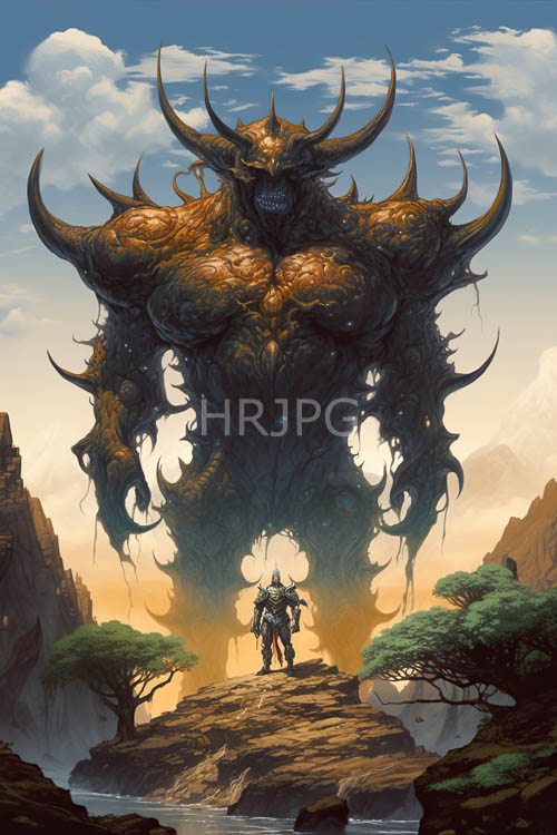rocky cliffs encase monstrous entity under azure sky with leathery hide