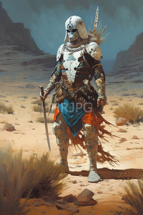 warriors armor confronts barren desert landscape with jagged rock formations