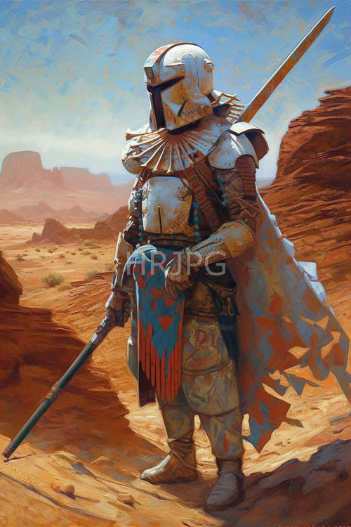 desert warrior in ornate silver armor confronts crimson rock formations against azure horizon