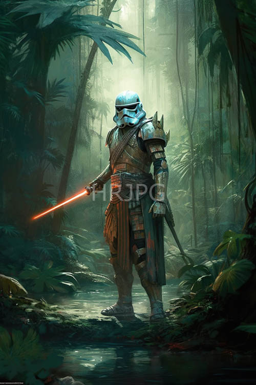tropical undergrowth shades futuristic ancient warrior armor in dappled light