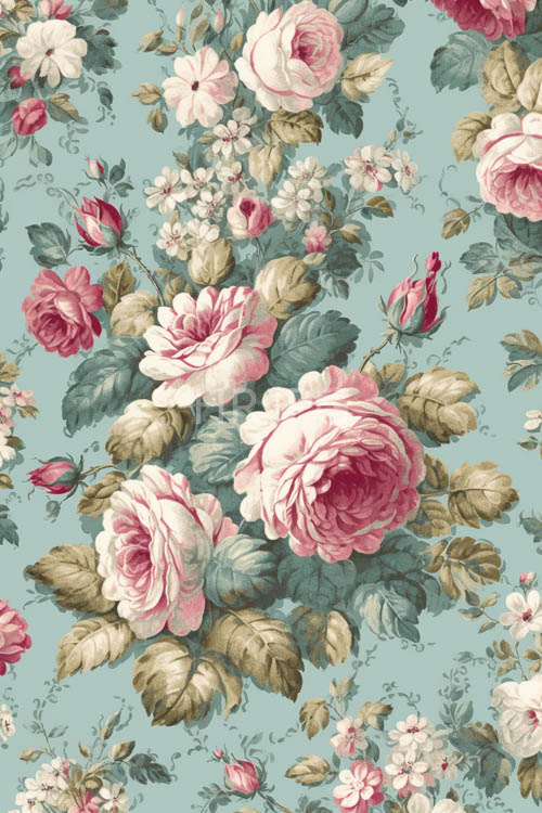 vintageinspired ornate motif featuring oversized pink and white roses with intricate petal detailing