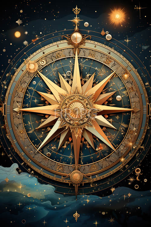 roman numerals spiral across multiple concentric rings with lustrous gold detailing catching celestial light