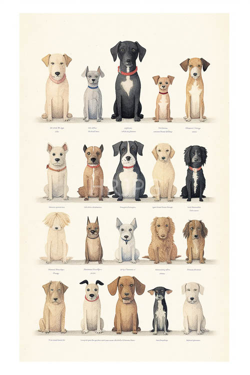 canine compendium depicts diverse breeds against vintage parchmentlike backdrops with leather collars