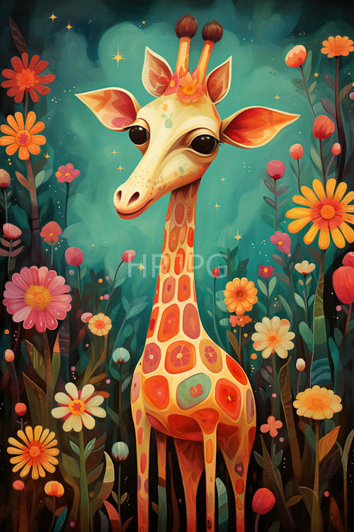giraffe with oversized eyes in whimsical floral and teal background