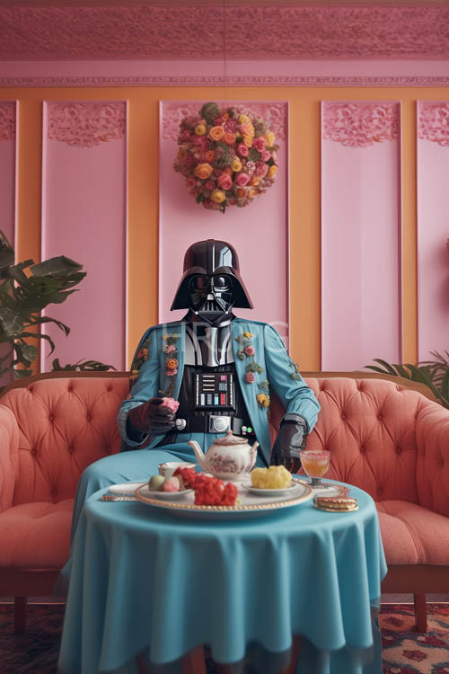 iconic black armor amidst pastel hues of peach and coral in ornate floral setting