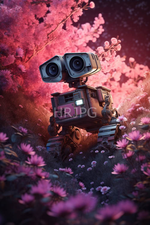 High Resolution: RetroFuturistic Automaton Amidst Twilight Hues of Pink Blossoms and Weathered Chassis download. | HRJPG.com