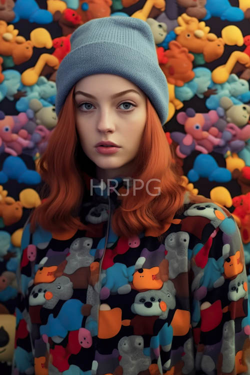 azureeyed youth surrounded by playful penguins amidst kaleidoscopic plush hues on a textured backdrop