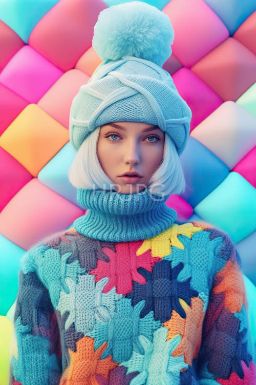 contemporary featuring textured turtleneck sweater with vibrant puzzlepiece motifs