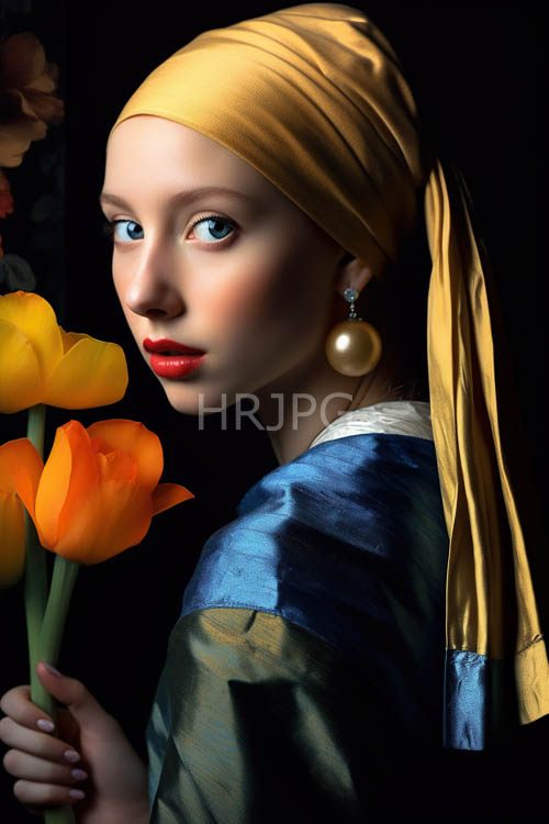 oversized pearl necklaces accent renaissance portraits with vibrant red tulips