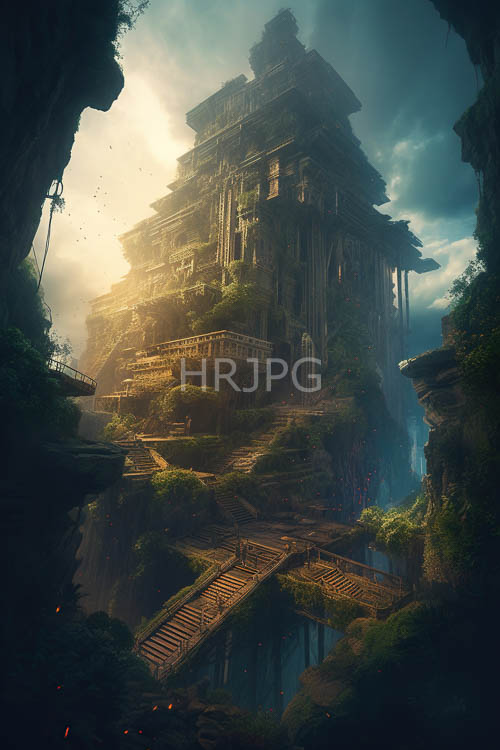 forgotten titan arises from emerald canopies amidst creeping vines entwining ancient stone