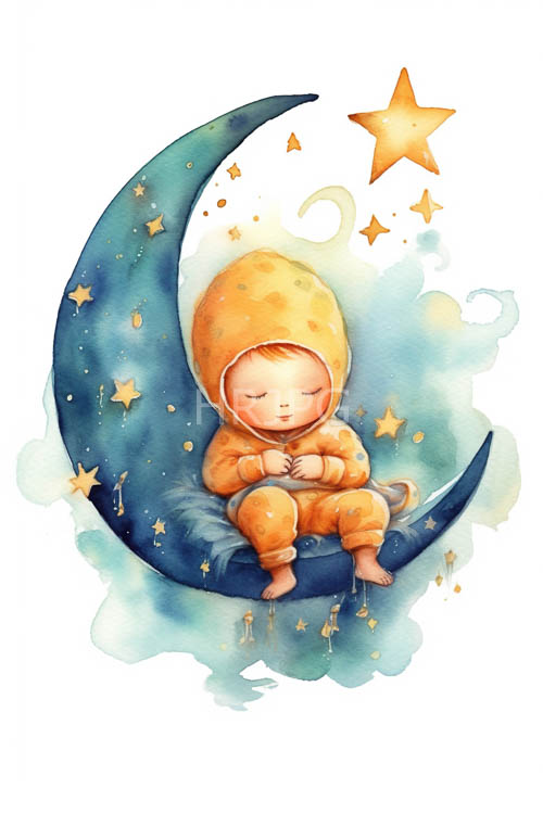 celestial bodies scatter across dreamy blue wash canvas perfect for whimsical storytelling