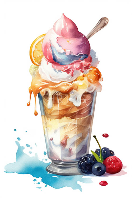 citrus hues elegantly perched on glass vessel with rich amber caramel sauce and creamy ice cream swirls