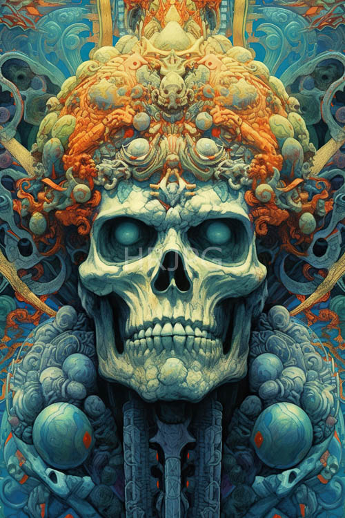 plant vines sprout from cranial tops amidst glowing blue nebulae