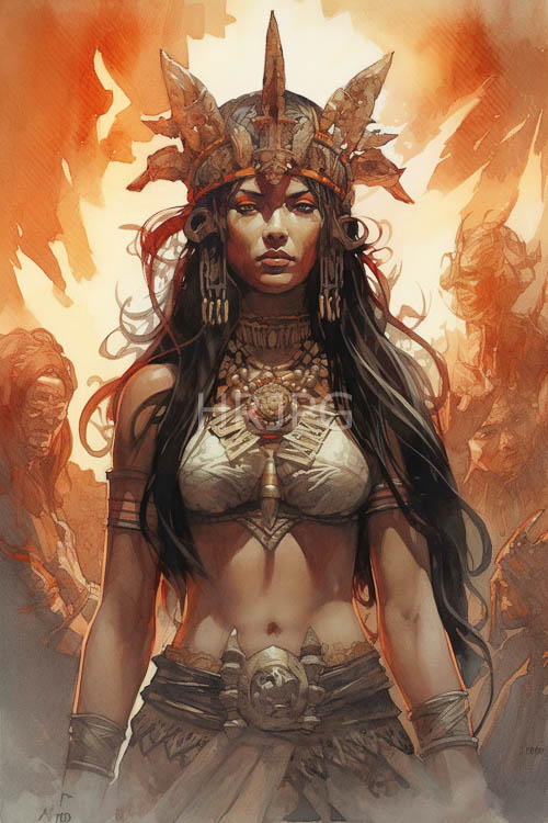 ornate silver headpieces enclose crimson eyes and flowing dark tresses