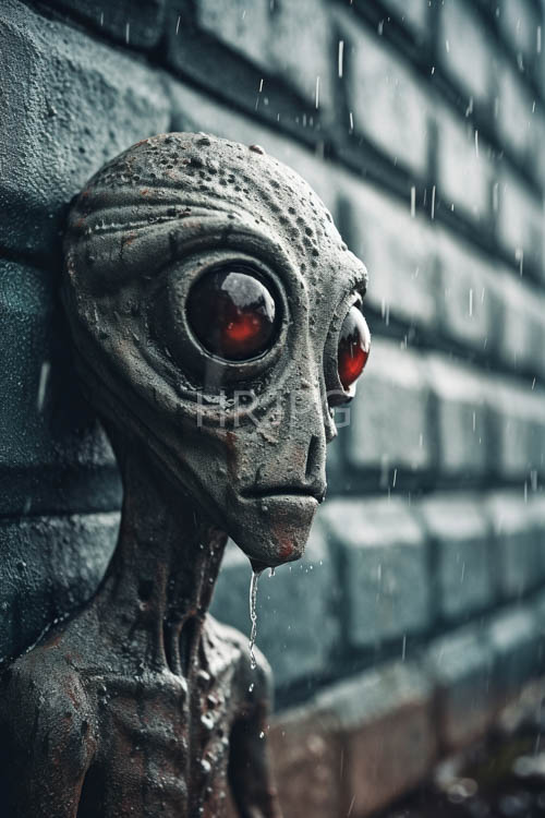 bronze surfaces hold eerie glowing red orbs in rain