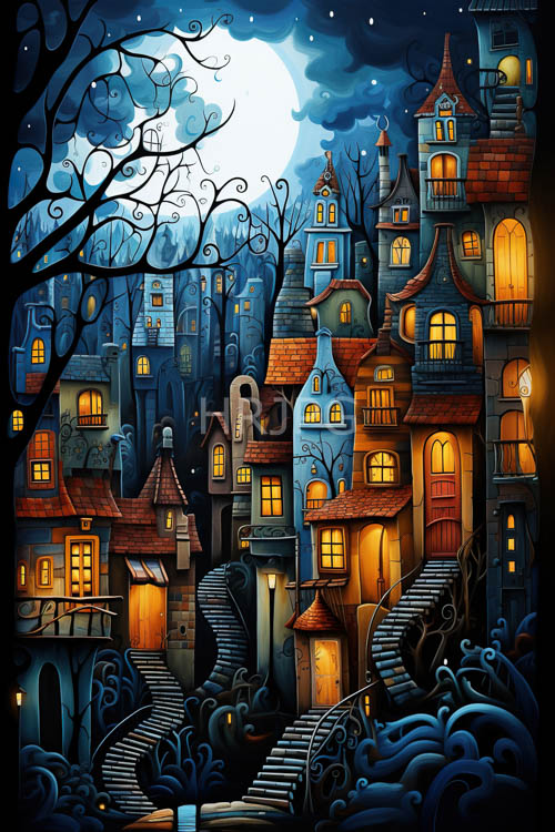 moonlit roofscape of whimsical cobblestone villages under ethereal indigo skies