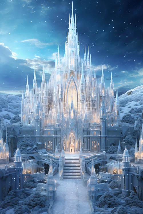 icy blue illumination cascades down frost laden steps of alpine fortress