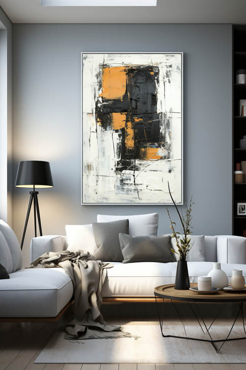 contemporary lounge space defined by amber illumination and abstract canvas