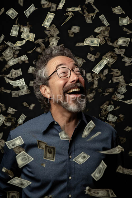 navyclad gentleman amidst swirling dollars amidst deep black backdrop