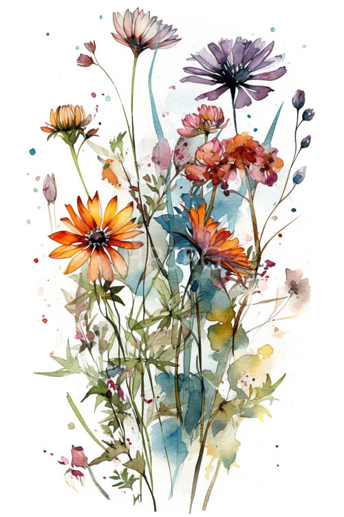 daisies command attention with stark black centers and delicate watercolor petals amidst regal anemones and blooming carnations in a clean white space