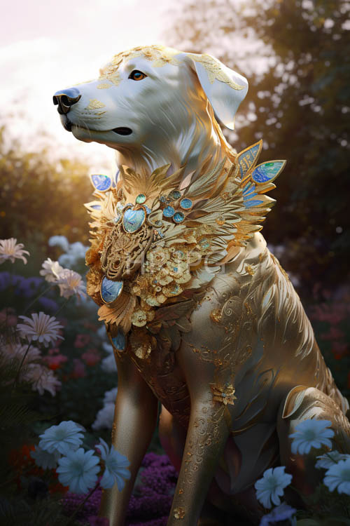 fur intricately rendered with ornate ceremonial adornments amidst cobalt and gilt feathers