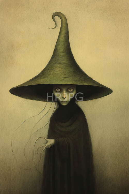 oversized emerald headgear crowns a maiden shrouded in dark tones