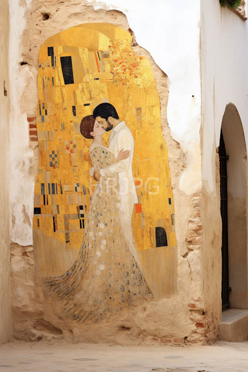 floral motifs unfurl across flowing gown in whimsical geometric dance amidst ornate plaster walls