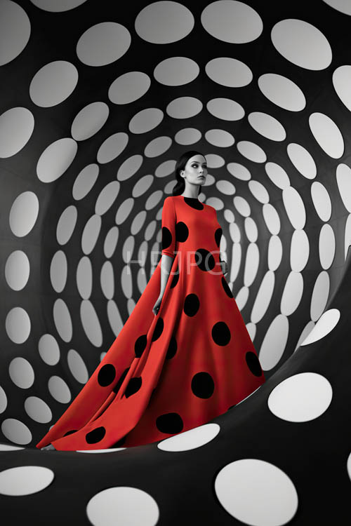 monochromatic op art elegance unfolds from glossy dark waves to porcelain skin