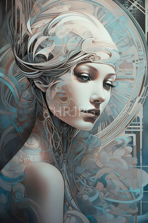geometric lines frame delicate facial features in soft light