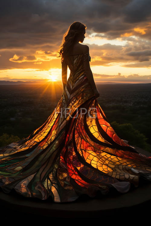 stained glass motifs cascade across flowing gown silhouette in fiery oranges and verdant greens