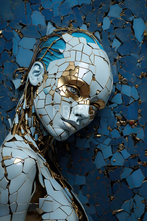 ivory and cobalt tessellations crafted geometric harmony across luxury ceramic sculptures visage amidst azure backdrops