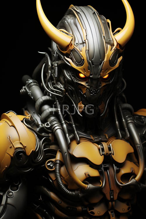 luminescent circuits trace intricate pathways across black and yellow armor