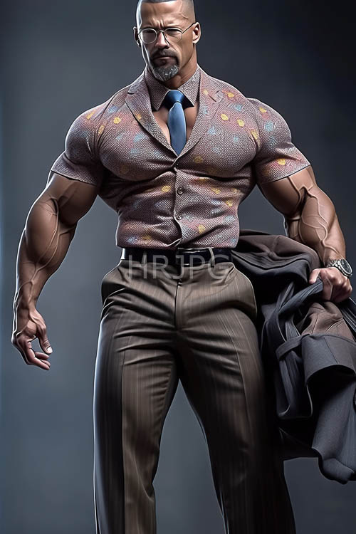 sculpted physique confronts patterned brown dress shirt in muted slate backdrop