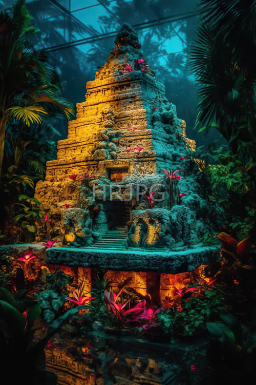 High Resolution: Ruined stone reliefs stand under green and blue lighting download. | HRJPG.com