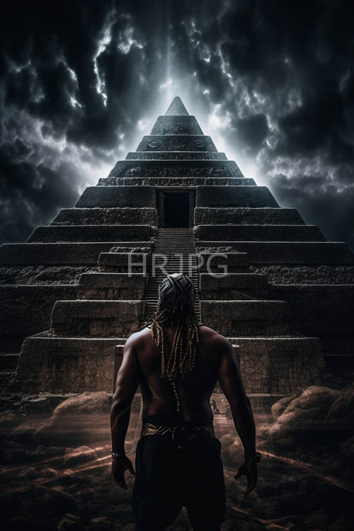pyramid apex light drama celestial energy converges stormy weathered stone