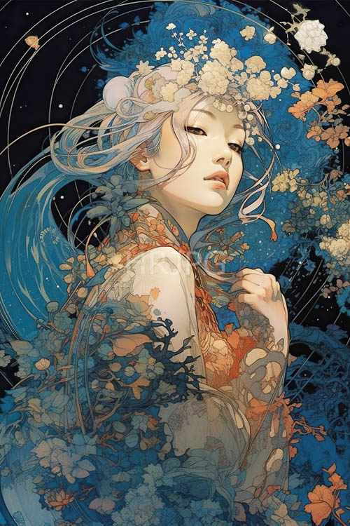 High Resolution: Feminine Figure Amidst Florals and Metallic Accents in Ethereal Setting download. | HRJPG.com