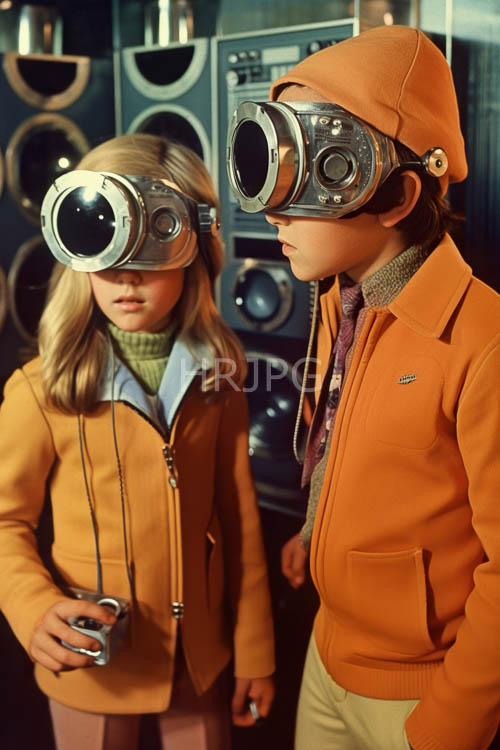 youthful explorers in coordinated vintage jackets amidst industrial textures on a dark backdrop