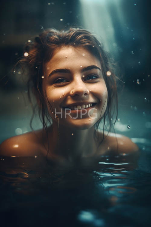 aquatic radiance unfolds on skin as tousled locks drift beneath ripples of liquid bluegreen light