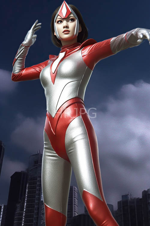 geometric headpiece reflected in stormy twilight on urban monoliths in crimson and silver armor