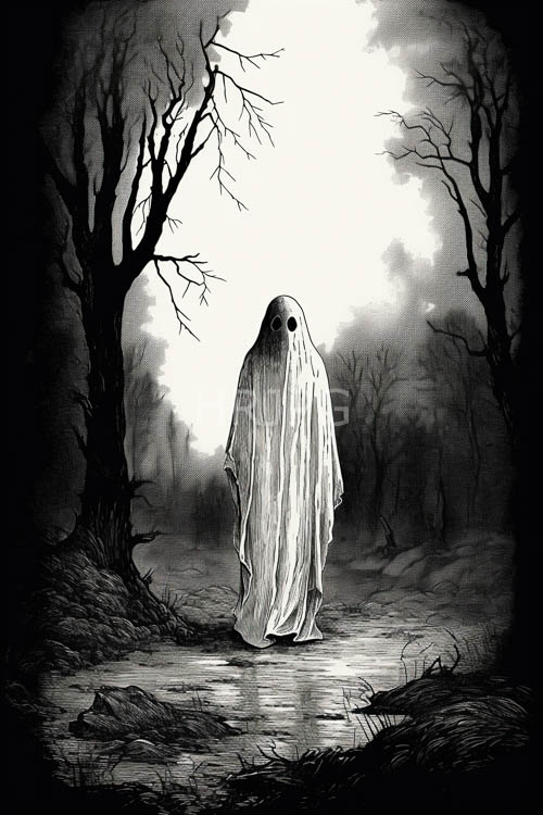 macabre figure emerges from tattered burial wrappings on rainslicked trail under cloudchoked heavens