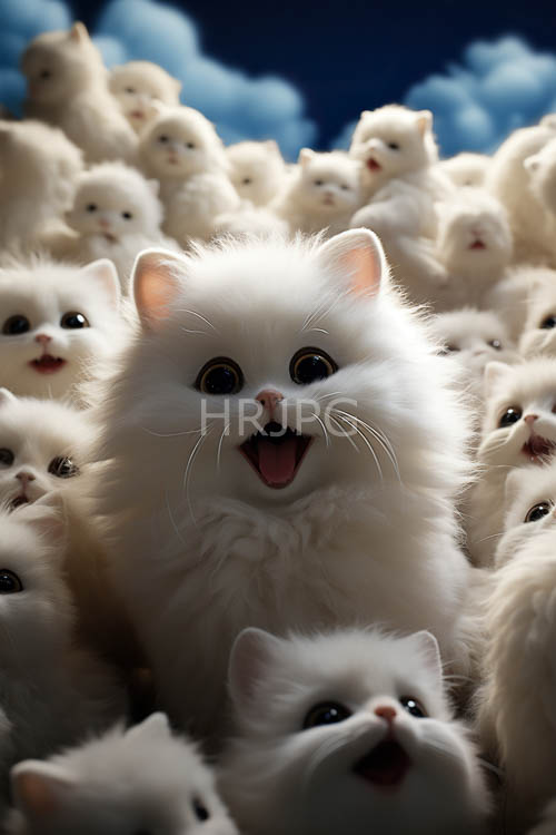 kitten congregation amidst azure skies and cumulus clouds in ethereal light