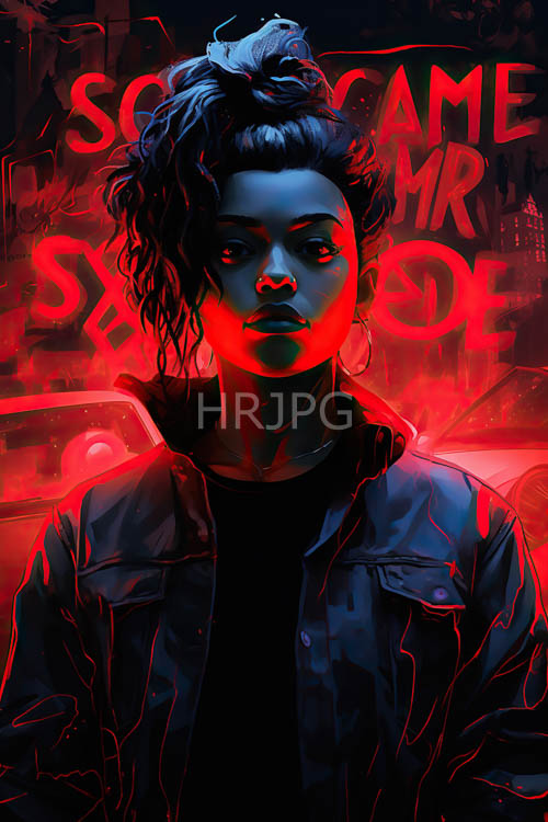 modern warrior framed by coiled curls poised against urban battleground