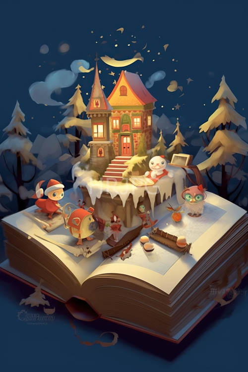 snowblanketed wonderland of whimsical elven domes near crimsonroofed cottage amidst frosty pine boughs