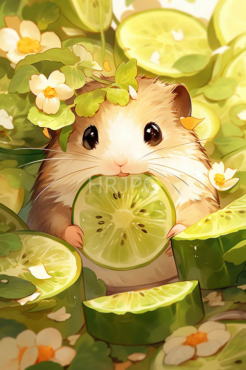 furry rodent cradles dewkissed lime segments amidst emerald canopy