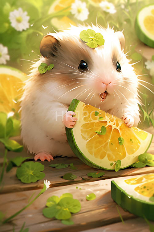 High Resolution: Hamster Surrounded by Daisies and Citrus in Rustic Wooden Setting Under Ambient Light download. | HRJPG.com