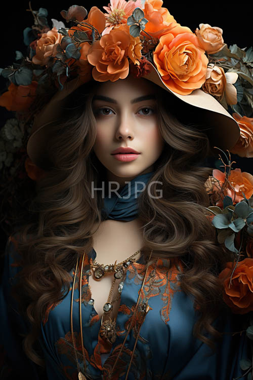 regal headpiece adorned with orange roses and luxurious blue lace